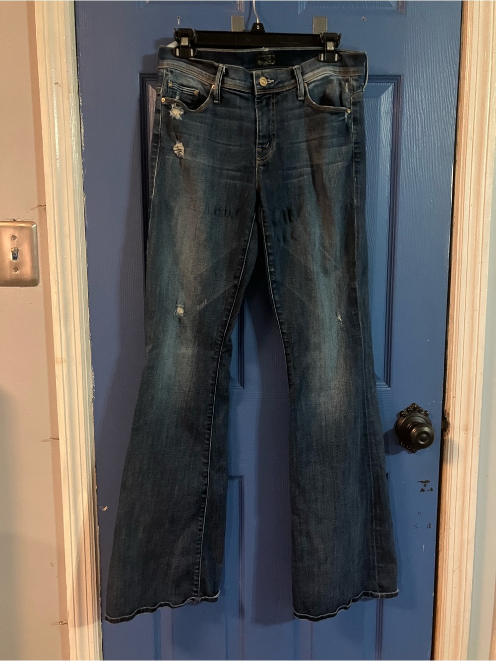 MOTHER Dark Blue Distressed Flare Jeans